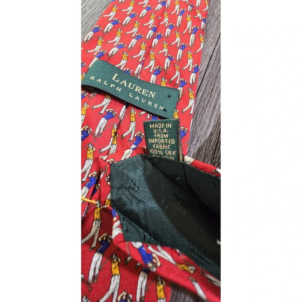 Lauren Ralph Lauren‎ 100% Silk Red Golf Club Tie Hand Finished Made in USA